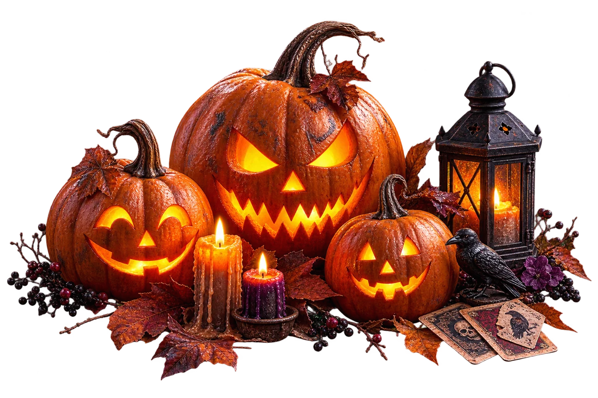 Halloween-Kürbisse und Laterne